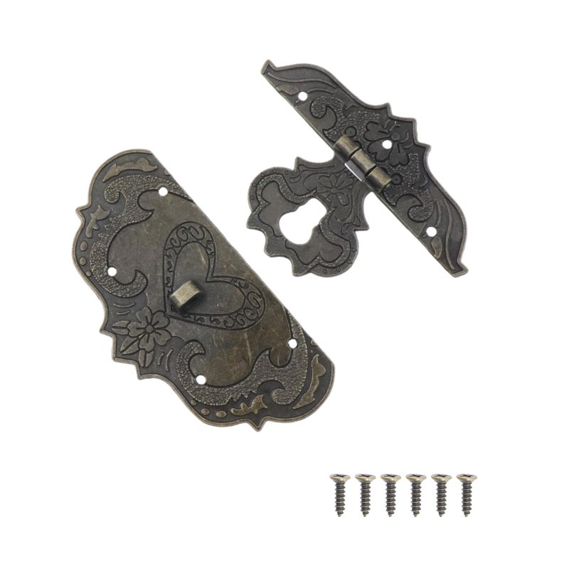Mcredy Antique Decorative Hasp Clasp Latch Lock Mcredy Wooden Box Latch Large Box Latch with Flower Pattern Zinc Alloy Bronze with Screw 92x73mm/3.6"x2.9" Set of 1 - Image 2